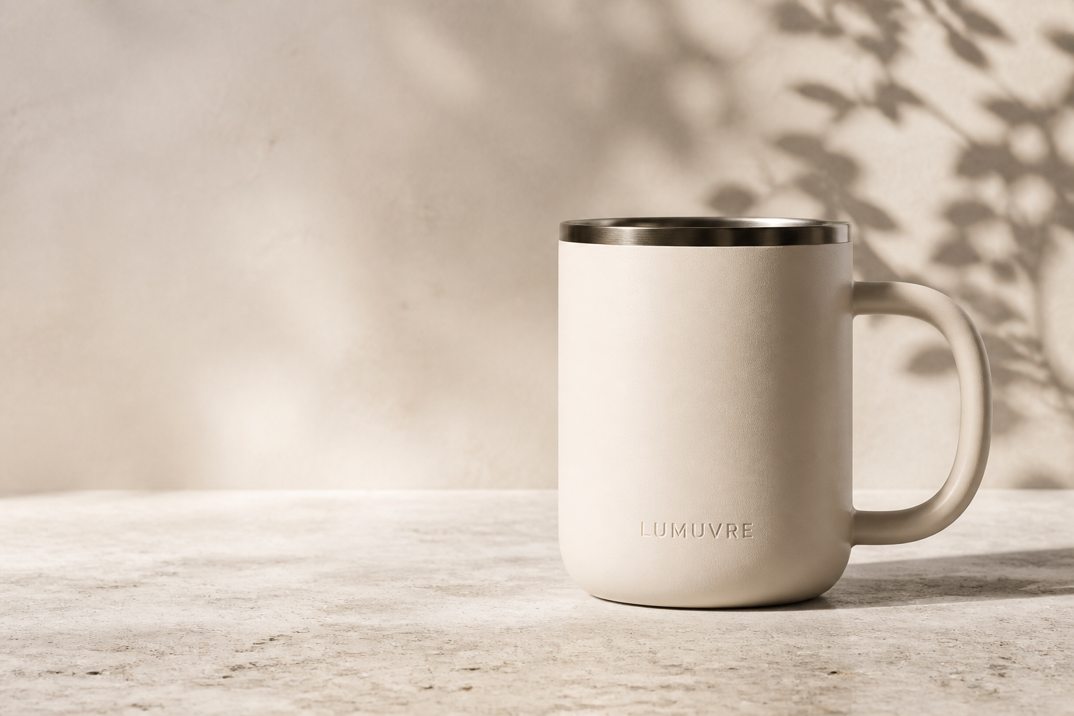 LUMUVRE warm ivory insulated mug in soft morning light